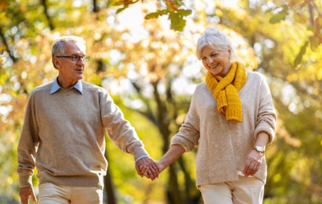 A smiling senior couple walks hand in hand through a park as the sun shines through the golden trees around them.